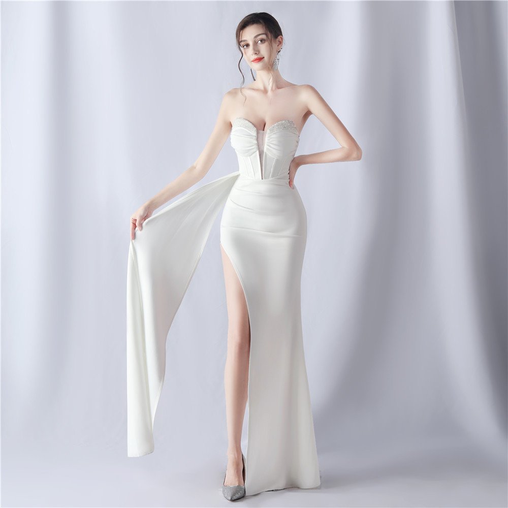 high-slit strapless tube gown